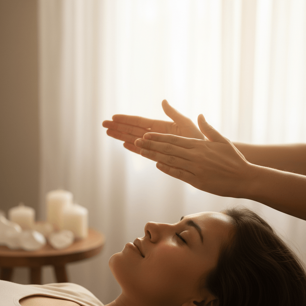 Practitioner's hands positioned above peaceful client's forehead during energy healing session in serene, softly-lit space Practitioner's hands positioned above peaceful client's forehead during energy healing session in serene, softly-lit space