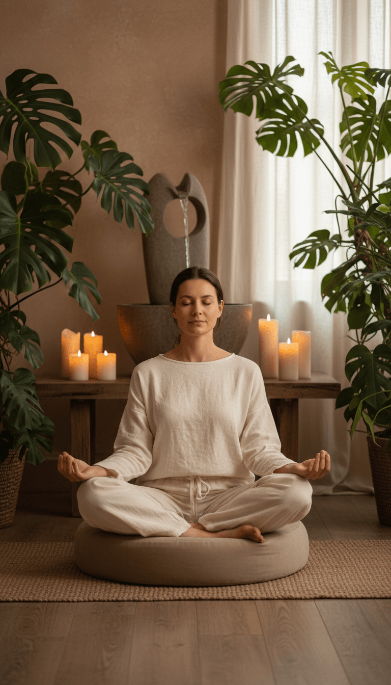 Person meditating in lotus position in candlelit sanctuary surrounded by plants and water feature Person meditating in lotus position in candlelit sanctuary surrounded by plants and water feature