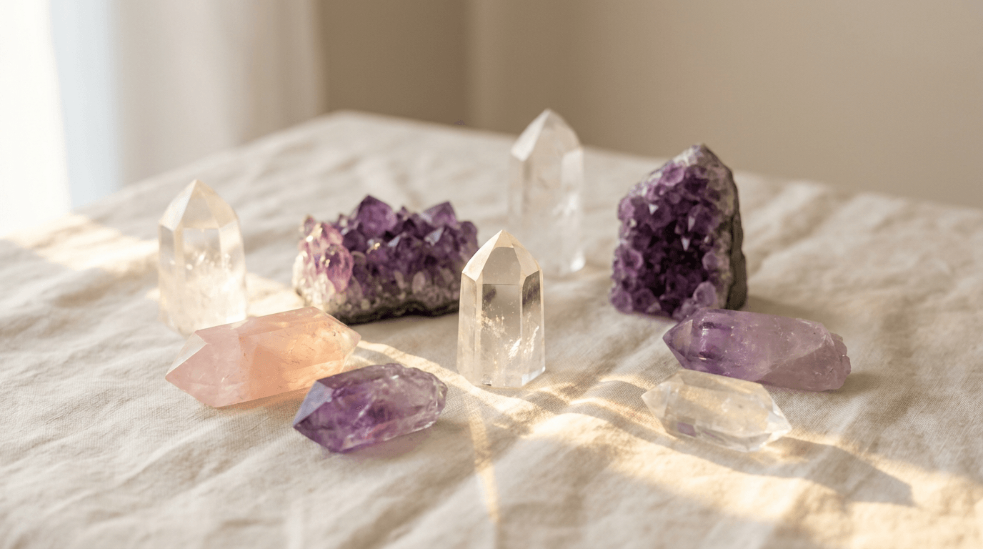 Glowing healing crystals arranged on linen with soft sidelighting and pulsing luminescence effects. Glowing healing crystals arranged on linen with soft sidelighting and pulsing luminescence effects.
