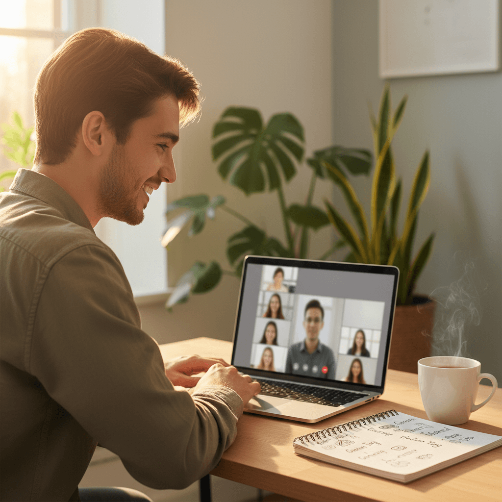 Young student smiling during online language lesson at laptop with notebook and warm natural light Young student smiling during online language lesson at laptop with notebook and warm natural light