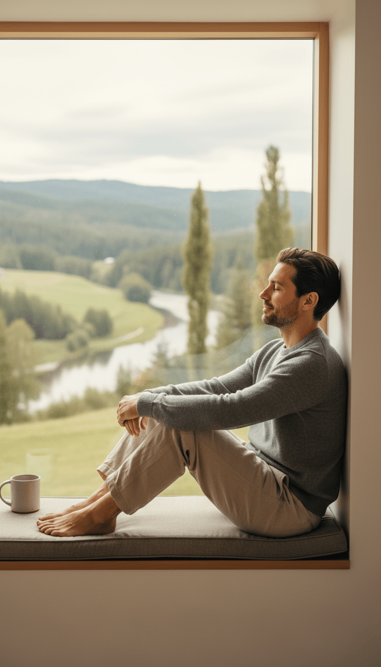 Man sitting peacefully by window in contemplative pose with natural outdoor light